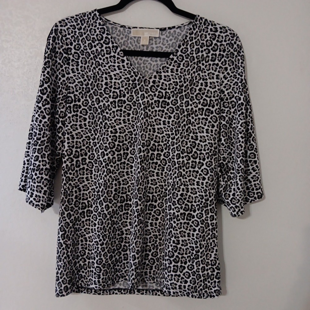 Michael Kors Women's Blouse Sz S Cheetah‎ Print Grey/White/Black 3/4 Sleeve ...